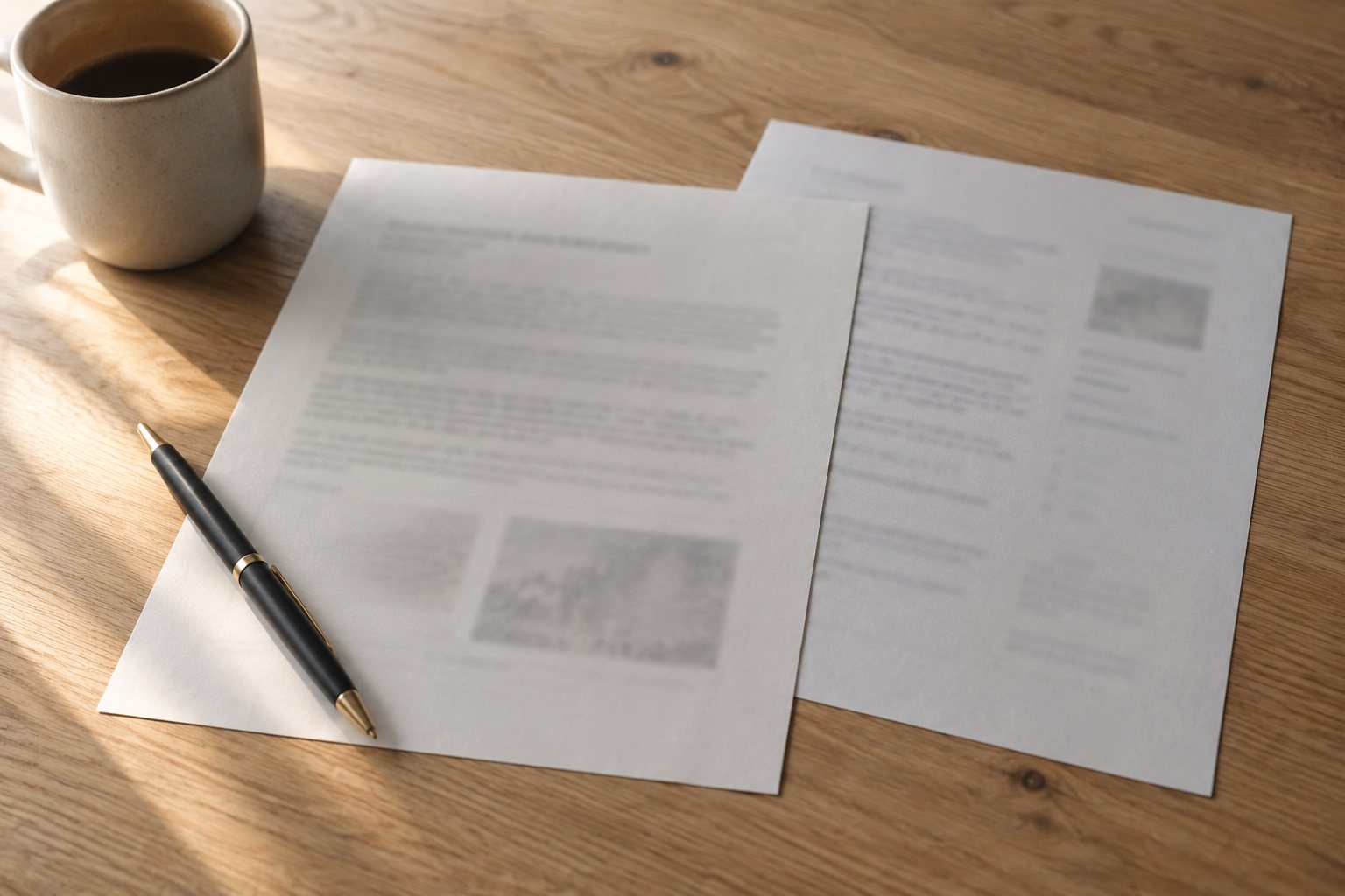 Deux devis posés sur une table, stylo et café